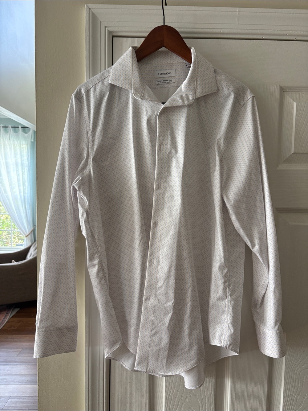 Calvin Klein White Long-Sleeve Dress Shirt with Subtle Micro Pattern